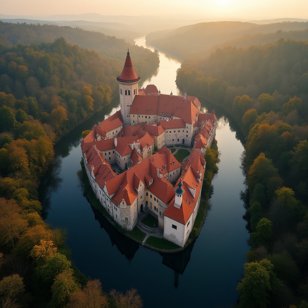Letecký pohled na historické centrum Českého Krumlova