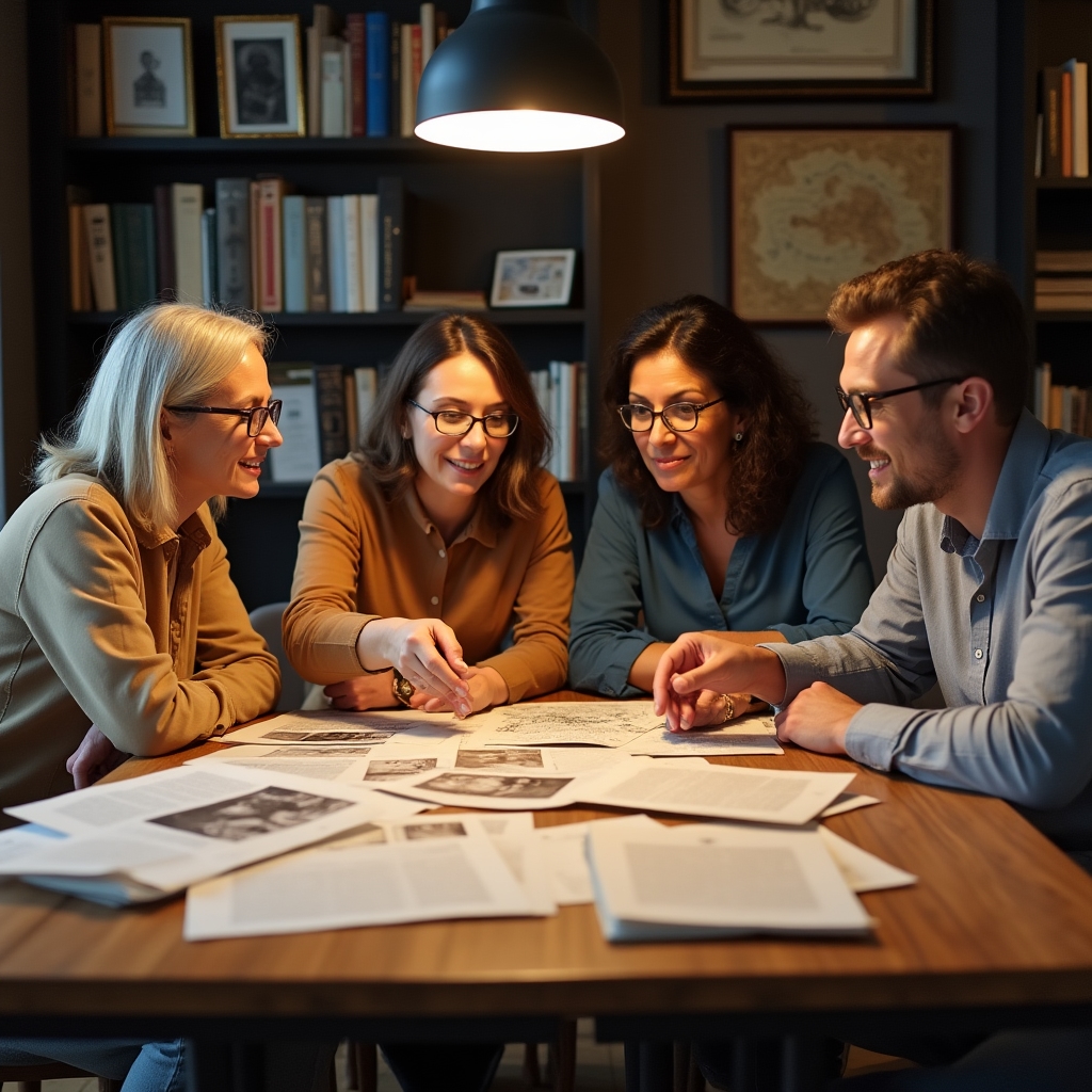 Skupina lidí diskutuje nad historickými dokumenty a mapami